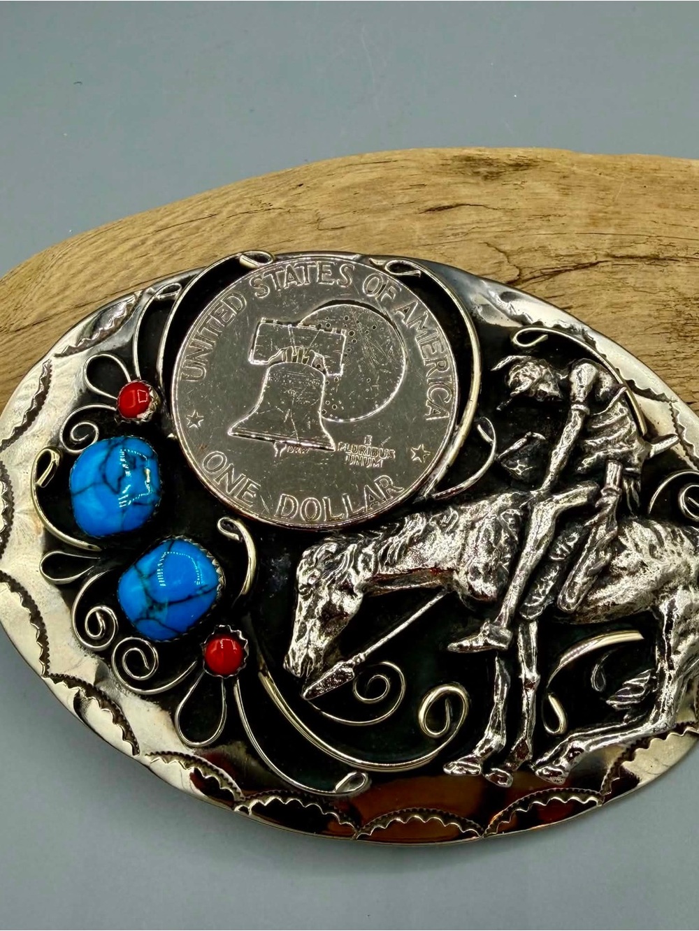 Trail of Tears Belt Buckle with Turquoise and Red Accents